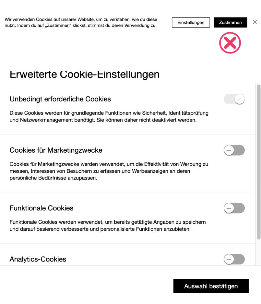 Beispiel Cookie Banner Webdesign Architektur-Webseiten.
